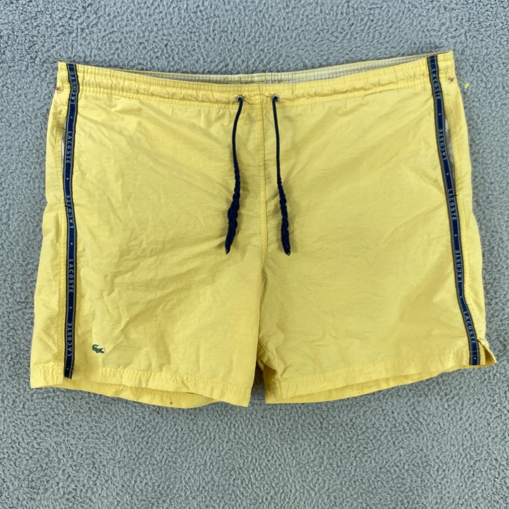 Lacoste Shorts Mens 8 Yellow Swim Trunks Mesh Lined Navy Drawstring Logo Tape
